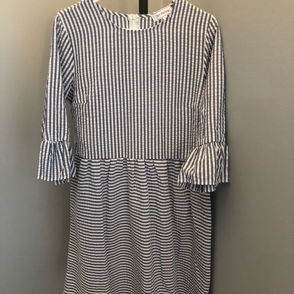 Navy and ivory striped dress- size L